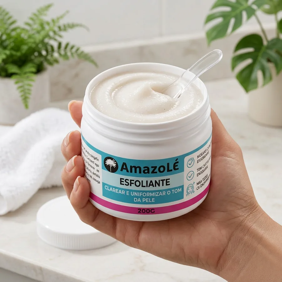 Pote aberto do esfoliante Amazolé mostrando sua textura cremosa com microgrânulos